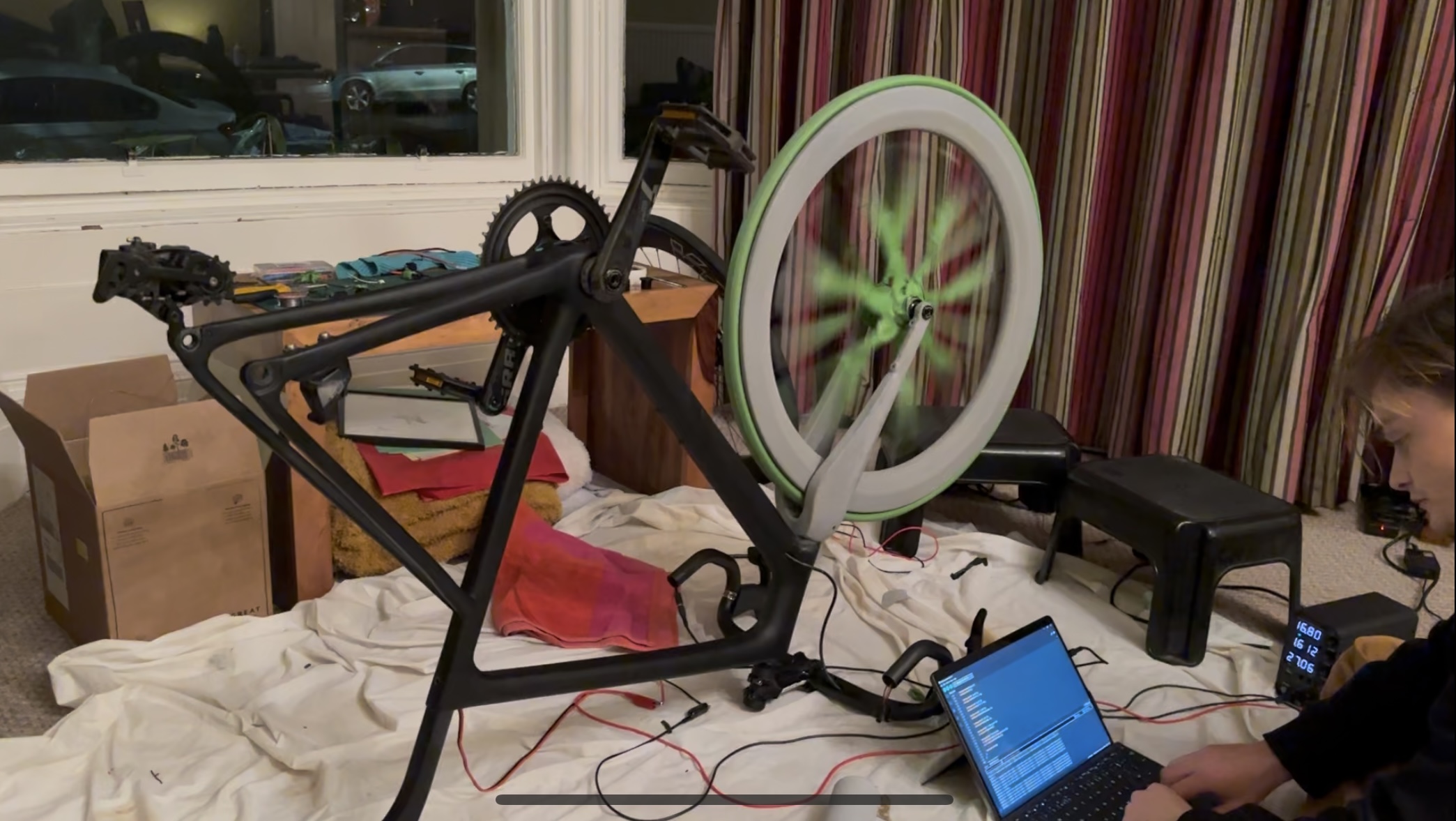 Final integrated bike test run, optimising motor control with the complete system installed